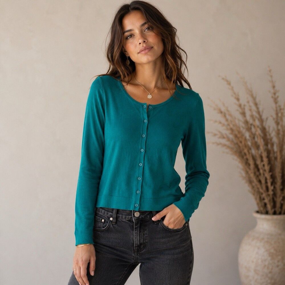 August Silk Women's Teal Button Down Cardigan Sweater Stretch Knit Preppy Large